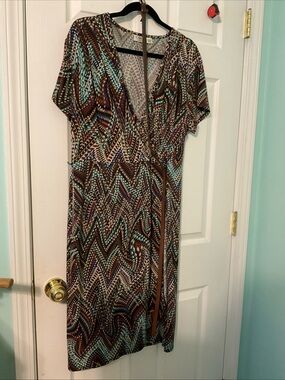 Cato Brown, Teal & Purple Chevron Midi Wrap Dress